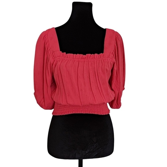 Band Of Gypsies Smocked Hot Coral Square Neck Puffy Sleeve Top Size Small - Picture 4 of 11